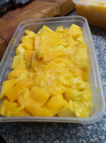 1.5 Kg of ripe eating mangoes, cut into 1cm cubes.2
